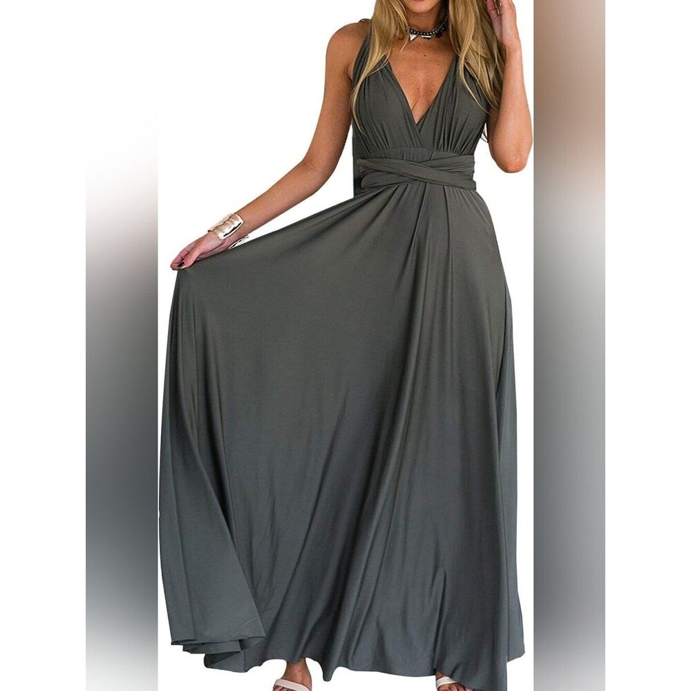 Persun Convertible Grecian Infinity Maxi Dress Stone Grey Size M NWT